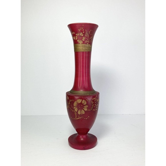 2 Matching Handmade & Painted Red Wooden Vases w/Applied Gold Floral Motif 10.5” - Picture 3 of 8